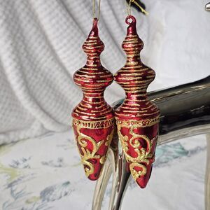 2 pc Red Blown Glass & Gold Glitter 7" Finial Christmas Ornaments